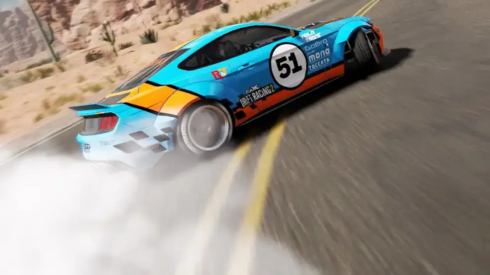 CarX Drift Racing 2: carro azul e laranja atravessado numa estrada do deserto, com fumo dos pneus