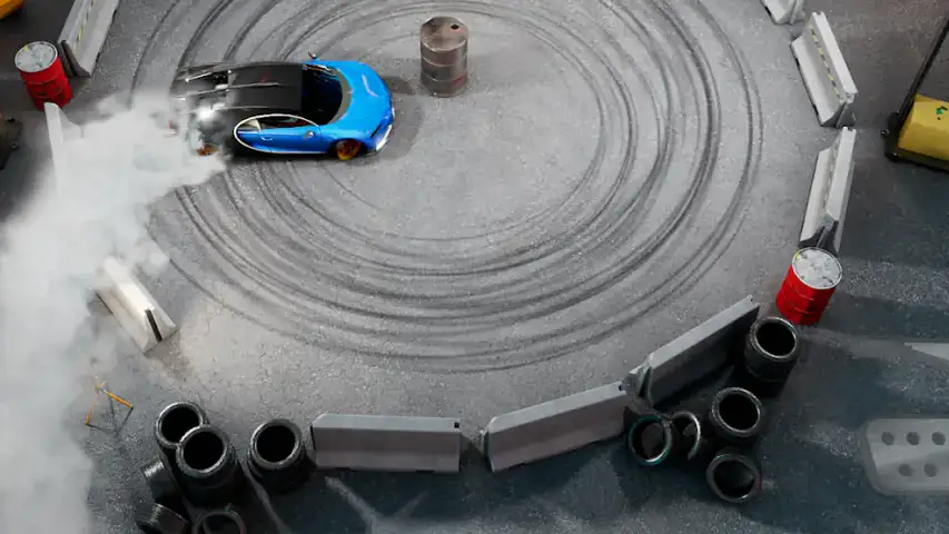 Drift Max Pro Car Racing Game: carro azul a desenhar círculos de drift num recinto com cones e pneus